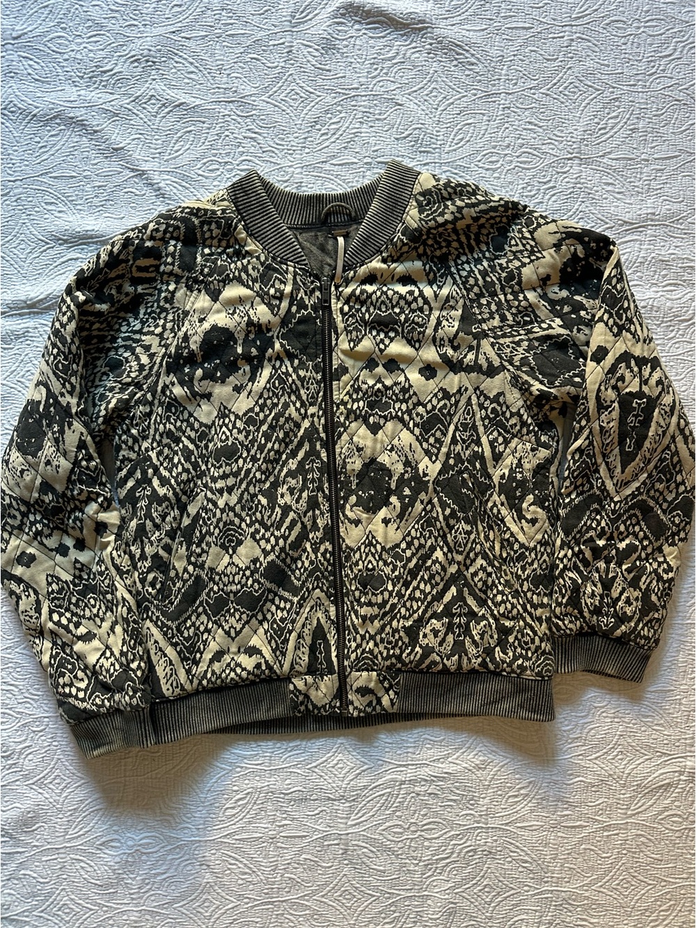 Free People Black & Cream Patterned Zip Bomber Jacket
